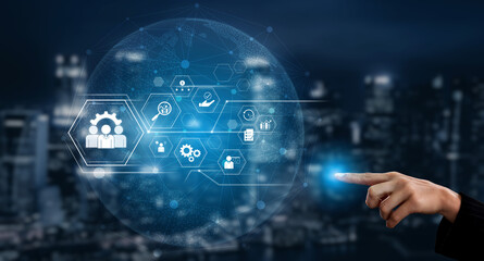 Business management system showing teamwork, productivity, and planning. Management supports goal, management tracks progress, management improves teamwork, and enhances productivity. Vouch