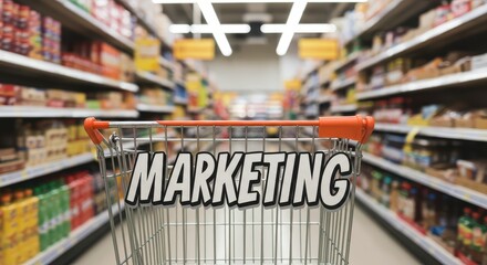 Shopping Cart Marketing: A supermarket cart filled with strategic marketing concepts navigating aisles filled with consumer goods
