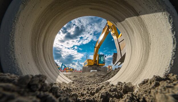 View through large concrete drainage pipe showing yellow excavator with bucket working at construction site, blue sky with white clouds in background