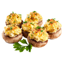 Fototapeta premium A delicious arrangement of stuffed mushrooms each with a savory filling and garnished with fresh parsley offering an appealing visual feast