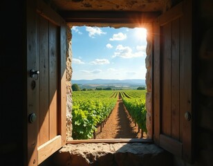 Rich vineyard seen through open rustic wooden window. Sunlight streams across green grapevines under blue summer sky. Idyllic countryside view, perfect for wine tourism, travel inspiration.