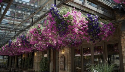 Hanging baskets vibrant pink purple flowers