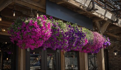 Vibrant purple and pink petunia flowers hanging