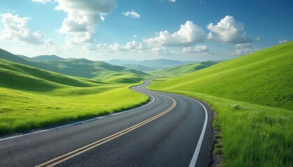 Fototapeta premium Winding asphalt road curves through rich green rolling hills under bright blue sky with white clouds. Empty highway stretches towards horizon, inviting journey through scenic countryside. Landscape