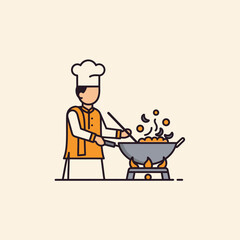 Indian chef cooking in wok focused on food preparation traditional attire and culinary art.