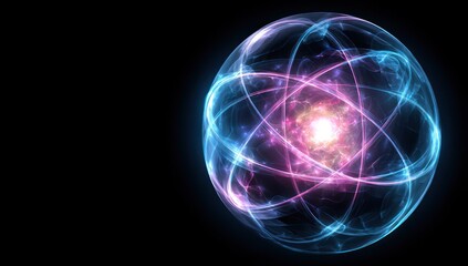 A vibrant, abstract depiction of an atom, showcasing swirling, luminous, light blue and pinkish-purple energy formations against a dark background.