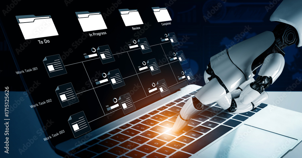 Poster AI managing task workflow system, tracking document progress, analyzing productivity levels, and automating the status flow across structured project stages. Vouch