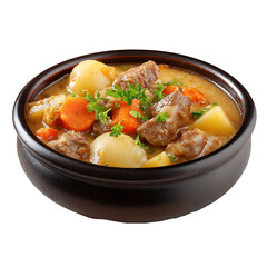 Hearty stew filled with beef potatoes and carrots A warm and comforting meal served in a black bowl perfect for a cozy evening