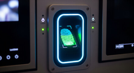 Futuristic fingerprint scanner glows with blue and green light, symbolizing secure access and technology.