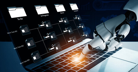 AI managing task workflow system, tracking document progress, analyzing productivity levels, and automating the status flow across structured project stages. Vouch