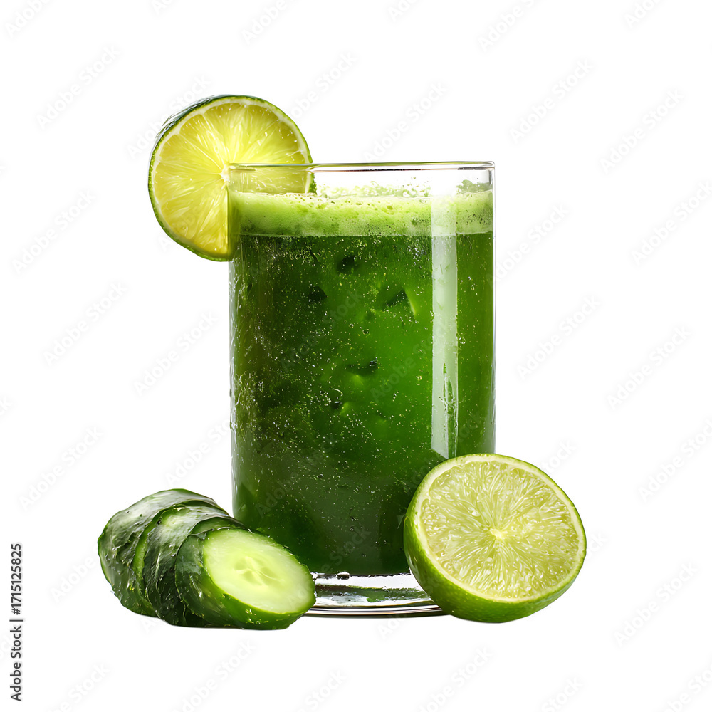 Poster refreshing green beverage in a clear glass with fresh cucumber and lime garnish isolated on a transp