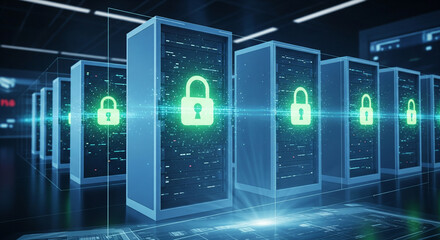 Secure data center with glowing green padlock icons on server racks, representing cybersecurity and digital protection.
