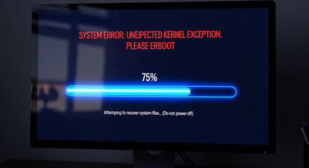 Computer screen displays a critical system error with a recovery progress bar and important warning.