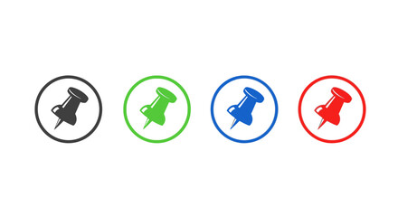 Colorful pushpin icons in black, green, blue, and red. Graphic thumbtacks for office, digital design, and visual communication