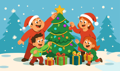 Illustration Family Decorating a Beautiful Christmas Tree Together