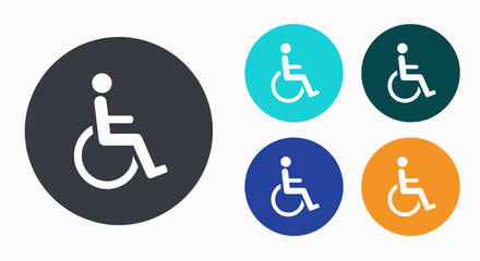 A collection of colorful wheelchair icons representing the concept of disability, accessibility, and equal access for handicapped individuals