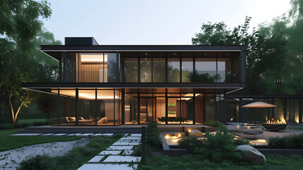 modern contemporary house exterior, large glass windows, minimalist garden, clean geometric lines, cinematic architectural render, 16:9