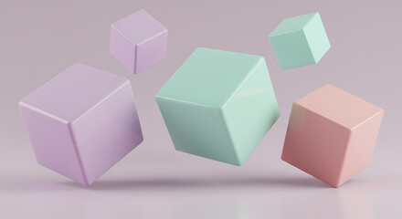 Fototapeta premium Abstract composition of floating pastel geometric cubes in soft lavender, mint, and peach hues against a muted background, creating a minimalist 3D render with a clean, contemporary aesthetic