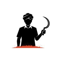 Silhouette of an Indian farmer holding a sickle symbolizing agriculture and rural life.