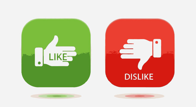 Set of green thumbs up and red thumbs down icons representing like and dislike for social network feedback and user ratings