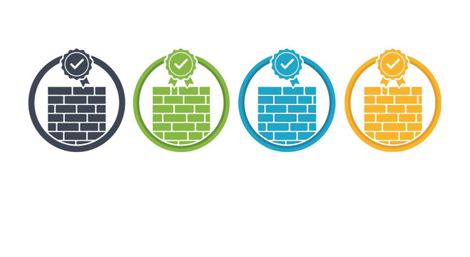 A collection of four colorful circular icons depicting a brick wall with a certified quality checkmark, representing approved security and firewall protection