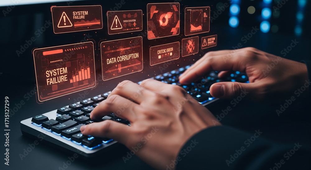Wall mural typing on keyboard with glowing digital interface showing system alerts and data corruption warning