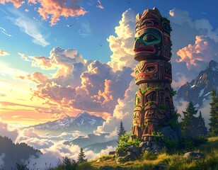 Totem pole on a mountaintop at sunset
