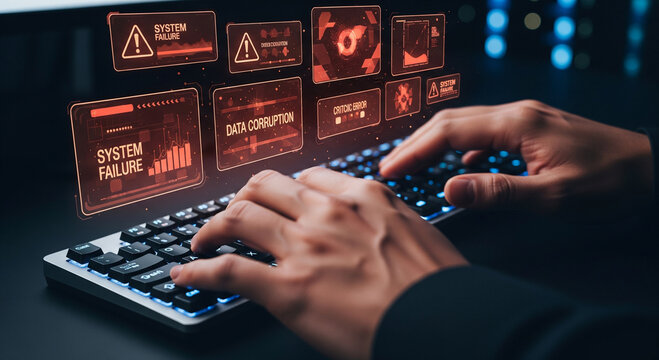 Typing on keyboard with glowing digital interface showing system alerts and data corruption warning