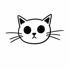 A simple, hand-drawn illustration of a white cat's face with large, dark eyes and whiskers.