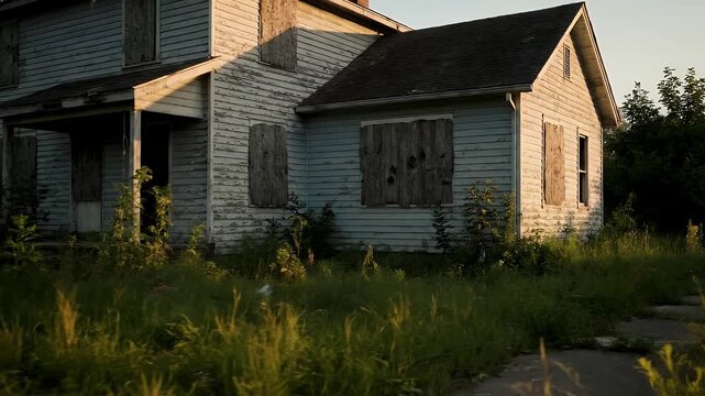 Abandoned House at Sunset: Overgrown Yard, Boarded Windows, Rusty Mailbox