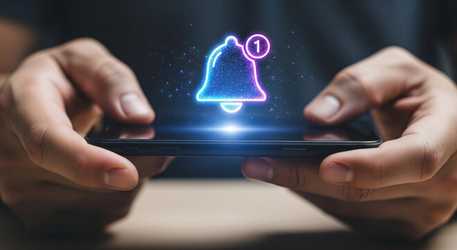 Person holding a smartphone displaying a glowing notification bell icon, signaling an alert or message.