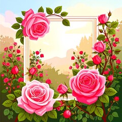 Pink roses in a frame, garden scene