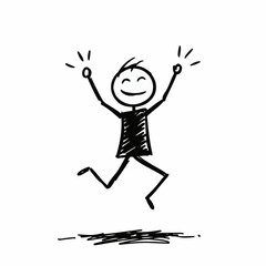 A simple black and white drawing of a stick figure jumping with joy and excitement.