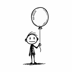 A simple black and white sketch of a stick figure holding a balloon.