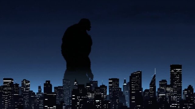 Giant monster towering over city skyline at night, urban horror, Halloween creature, dark silhouette, city destruction, scary scene