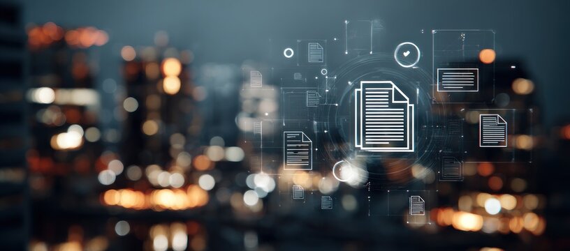 Abstract graphic of document icons overlaid on a blurred cityscape at night, evoking a concept of digital information and urban connectivity.