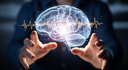 Hands gently hold a glowing, futuristic brain hologram with neural activity visualization.