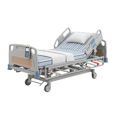 Adjustable Hospital Bed with White Pillow and Blue Striped Bedding