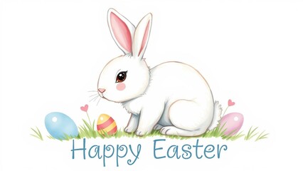 Fototapeta premium Cute white Easter bunny in watercolor style with flowers and painted eggs, perfect spring holiday illustration.