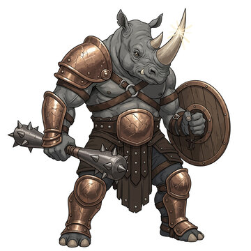 Vector illustration of anthropomorphic rhinoceros gladiator with spiked club and shield