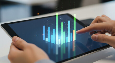 Hands interact with a digital tablet displaying a glowing 3D bar chart, symbolizing data analysis and financial growth.