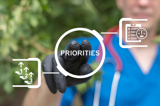 Doctor using virtual touch screen presses the word priorities. Healthcare priority organizing. Medicine Pharmacy Priorities Establishing concept.