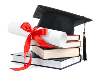 Graduation cap, diploma, and books