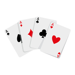 Four aces of spades, diamonds, clubs, and hearts shown in flat style on white background, concept of gambling, luck, and card games. Vector illustration