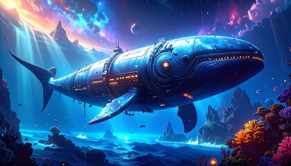 Fototapeta premium Futuristic Mechanical Whale Submarine in Vibrant Underwater Fantasy Seascape