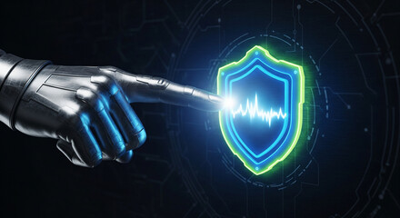 Futuristic metallic hand activates glowing digital shield with vital sign pulse