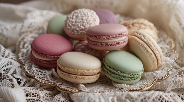 Assorted macarons on a gold trim plate with a lace doily creating an elegant dessert display