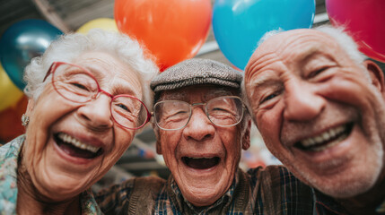 Joyful elderly friends celebrating together with colorful balloons, smiling and laughing, creating a lively and heartwarming atmosphere during a festive gathering or party.