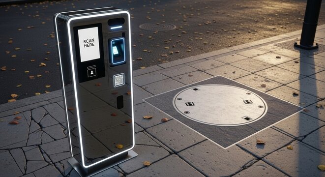 Futuristic terminal for underground automated bicycle parking. Sleek kiosk on city sidewalk features QR code scanner and biometric fingerprint reader. "VeloPod" system offers secure, high-tech storage