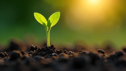 New plant sprouts from dark soil under warm sunlight in a serene garden setting